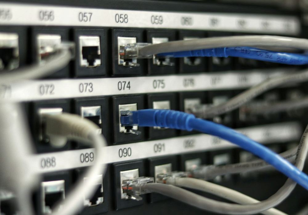 Network patch panel with blue and grey cables